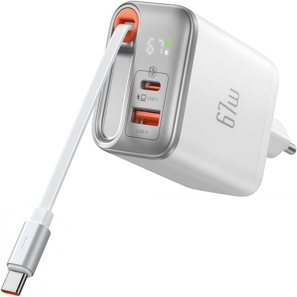 67W GaN Schnellladegerät Kompatibel mit LED, 3-Port USB C Netzteil mit Integriertem Einziehbarem Kabel, für MacBook iPhone Samsung Huawei Xiaomi etc
