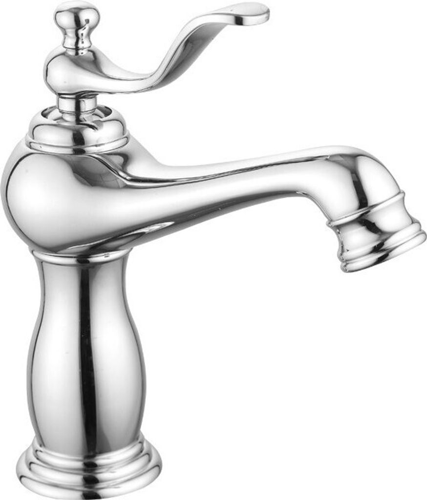 A close-up studio shot of a single chrome faucet.