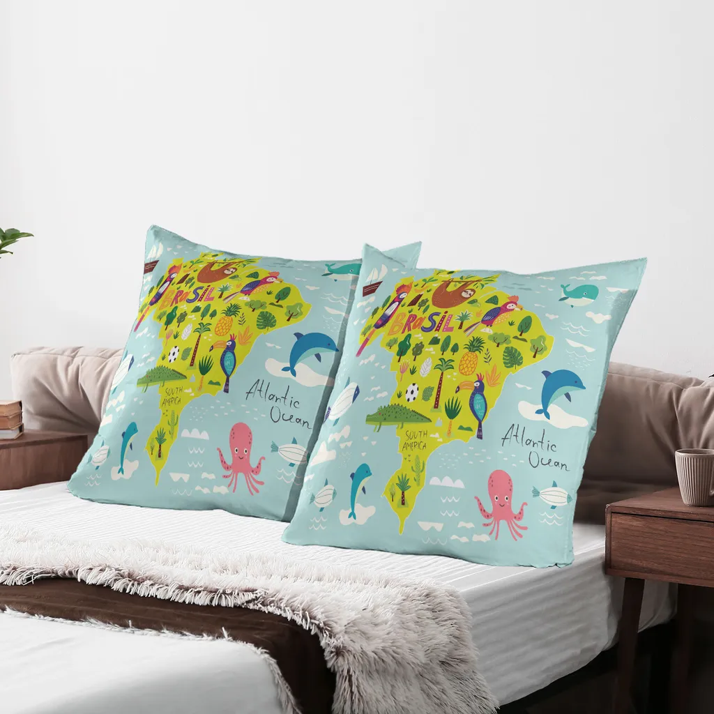 ABAKUHAUS Federa per cuscino Coccodrillo Confezione da 2, mappa del Brasile con simboli colorati in stile cartone animato Articoli simbolici Atlantico, federa per cuscino decorativa stampata, 80x80 cm, azzurro multicolore - 3