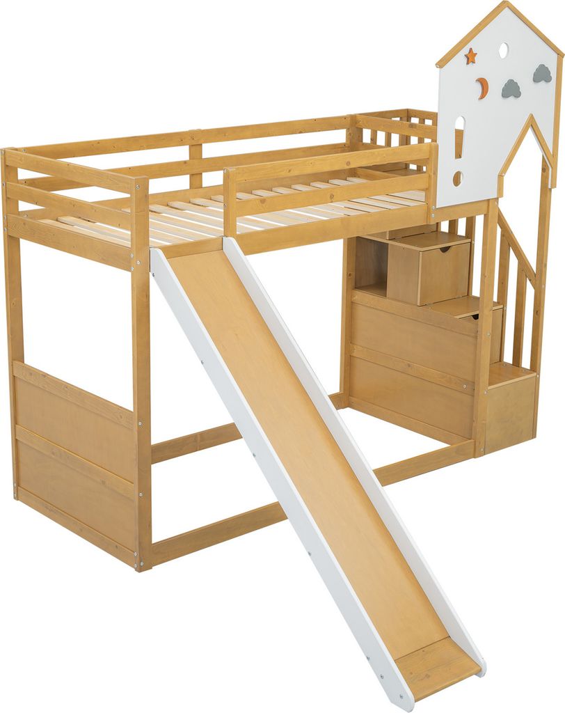 Etagenbett, Kinderbett, Bett mit Ecktreppe, Rutsche, Kinderbett mit Dach und Fenster, Kinderbett mit 3 Schließfächer in der Treppe, Kiefer+MDF, 9...