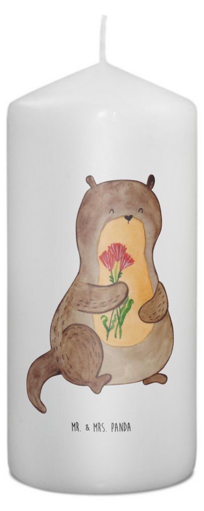 Mr. & Mrs. Panda Kerze Otter Blumenstrauß 15 x 7 cm - Weiß - Geschenk, Bedruckte, Süß, Wachskerze, Niedlich, Seeotter See, Erinnerungskerze, Er...