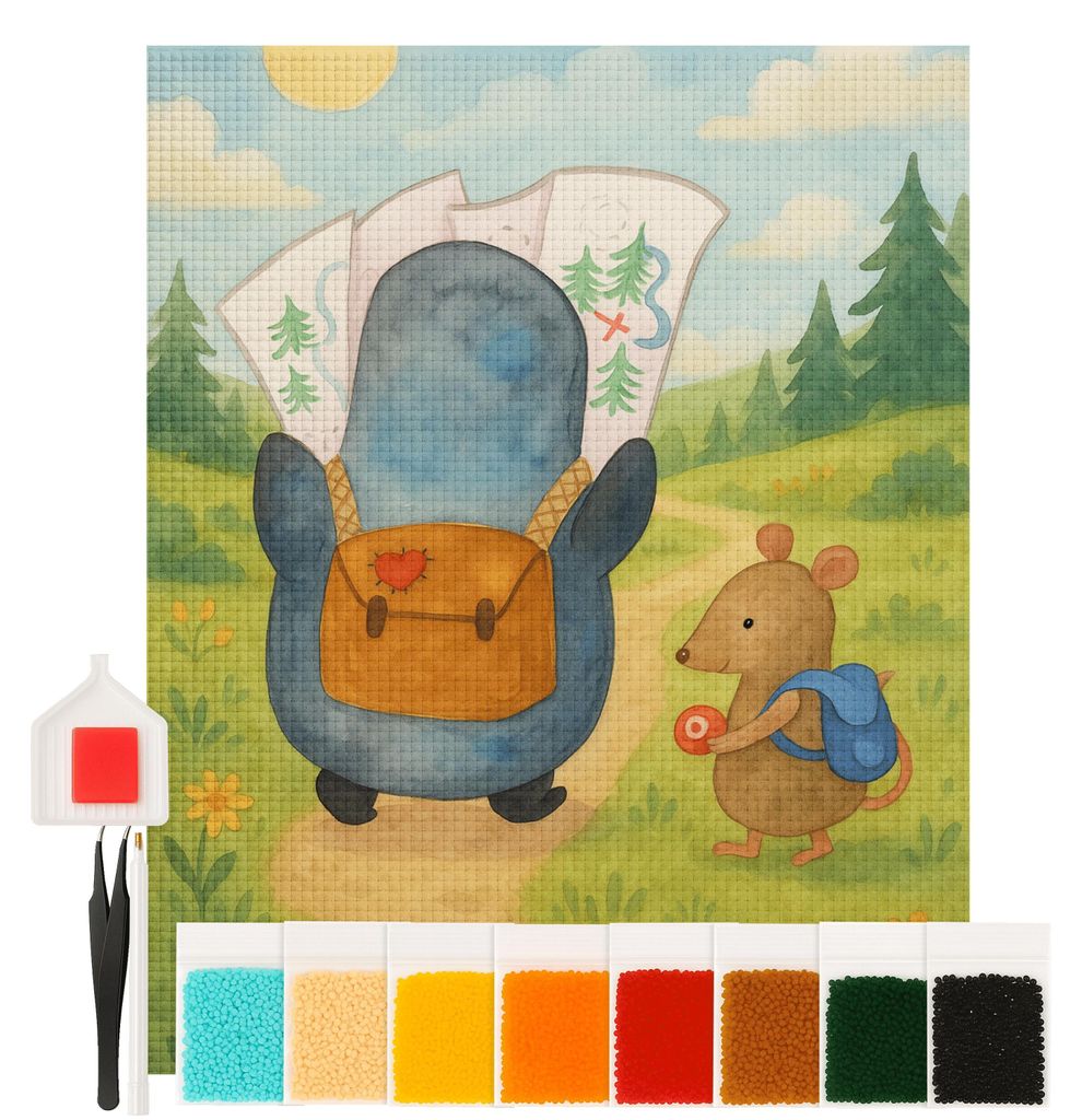 Mr. & Mrs. Panda Diamond Painting Pinguin & Maus Wanderer Design 40 x 50 cm Ohne Rahmen - Weiß - Geschenk, Abenteuer, diamant bilder, Ausflug, Wan...