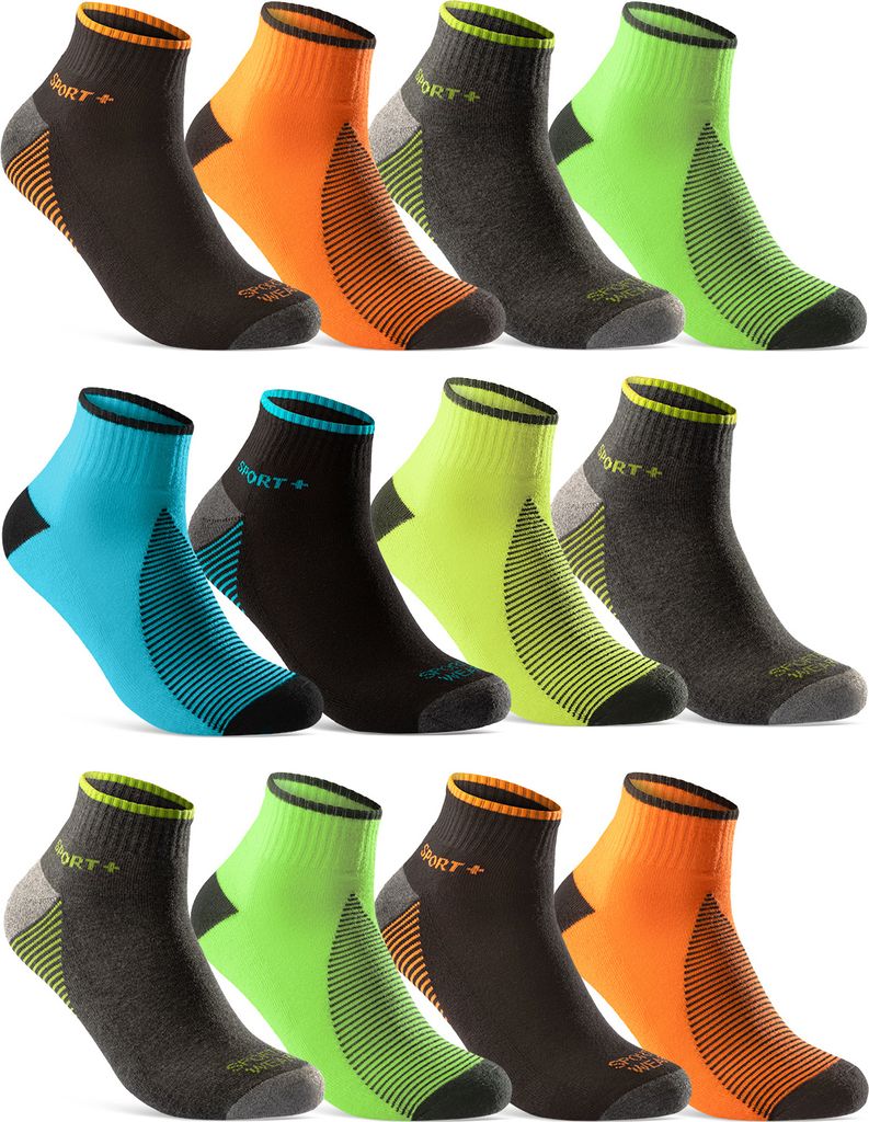 8 oder 12 Paar Sportsocken Damen&Herren Sneaker Socken NEON mit verstärkter Frotteesohle Baumwolle 16209 - 12 Paar Farbmix 39-42