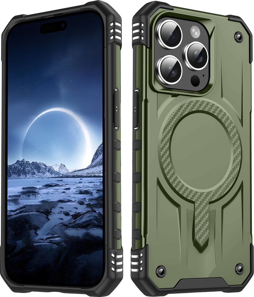 Magnetisch Hülle für iPhone 14 Pro, Dual Layer PC TPU Stoßfest Handyhülle Dunkelgrün