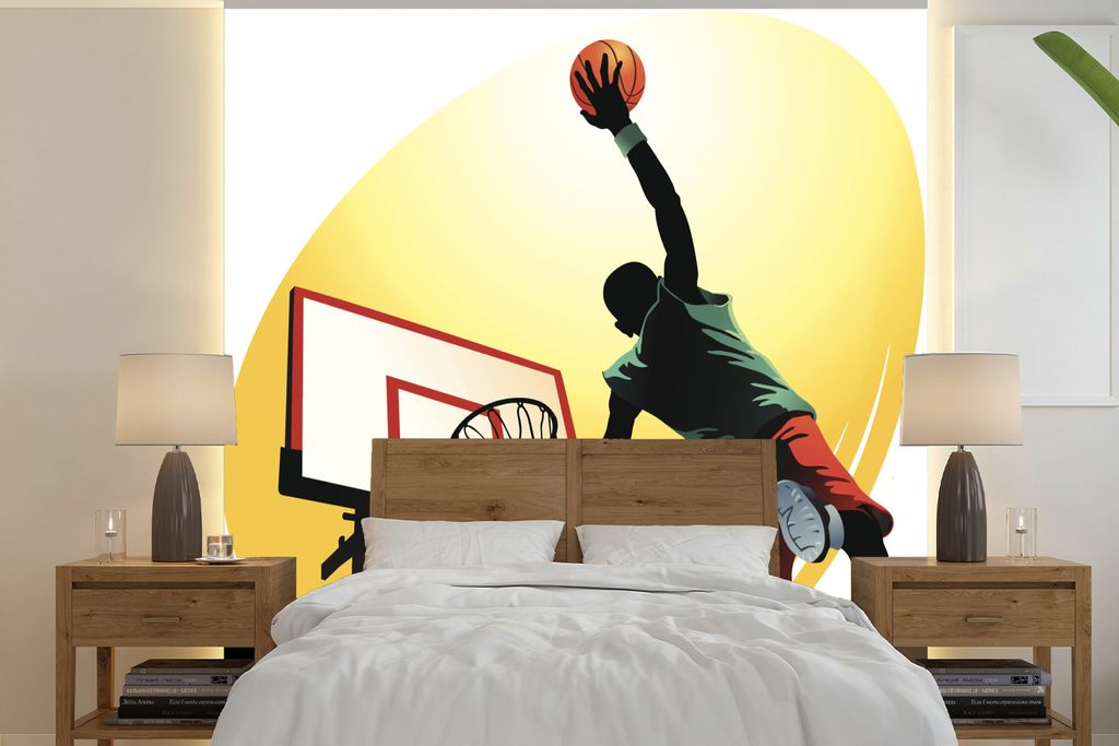 MuchoWow Fototapete für Wohnzimmer oder Schlafzimmer Wandtapete Vinyl Motivtapete In einer Illustration wirft ein Basketballspieler von der Seit...