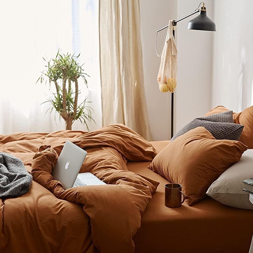 Bettwäsche, 200 x 200 cm, karamellbraun, Mikrofaser Bettwäsche Set, einfarbig, Doppelbett, Bettbezug mit Reißverschluss und 2 Kissenbezügen 80 ...