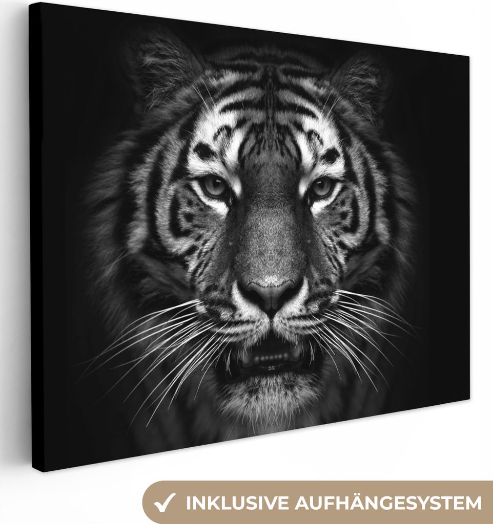 MuchoWow - Leinwandbilder - Tiger - Tiere - Schwarz - Weiß - Porträt - Wild, Wandbild, Wanddeko Bilder Wohnzimmer, 40x30 cm