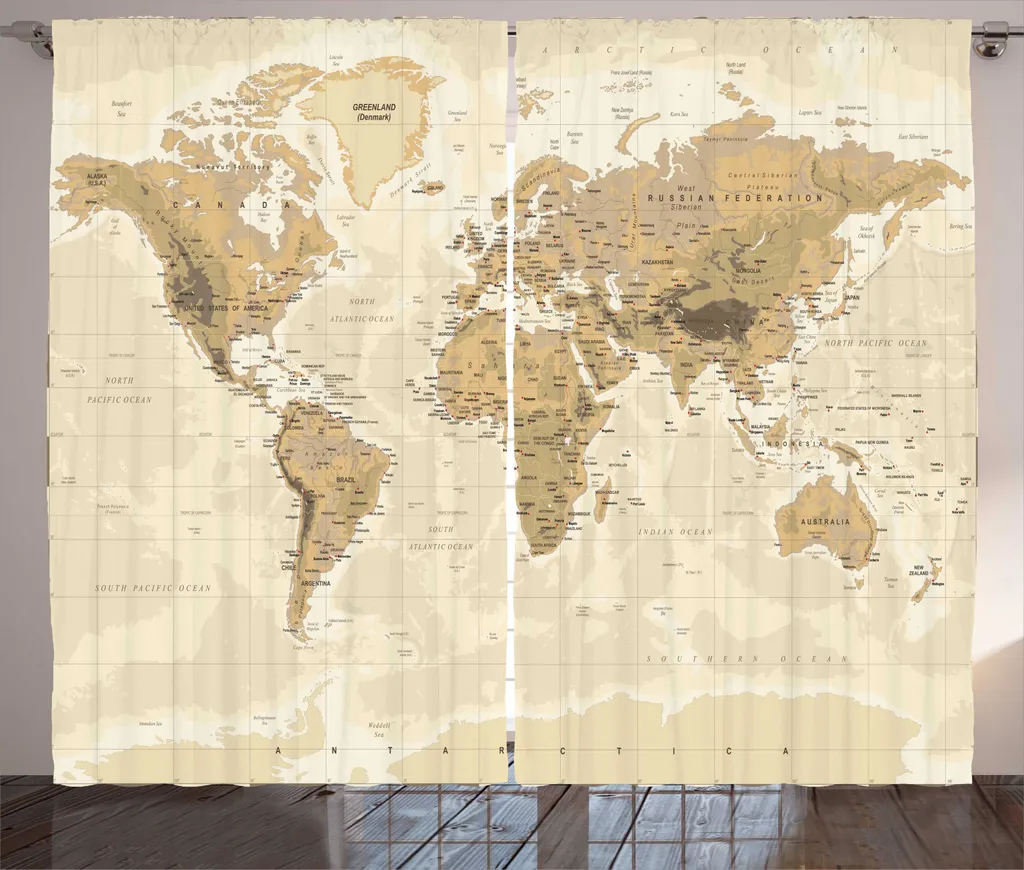 Rideau rustique ABAKUHAUS Carte Atlas vintage ancien beige 280 x 225 cm