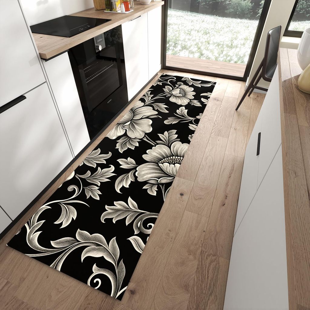 Küchenteppich 80x280cm rutschfest & abwischbar PVC Läufer - Blumenmuster Schwarz