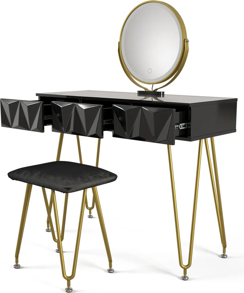 Coiffeuse Vicco Ruby Noir 100cm avec Miroir LED et Tabouret Model 40224