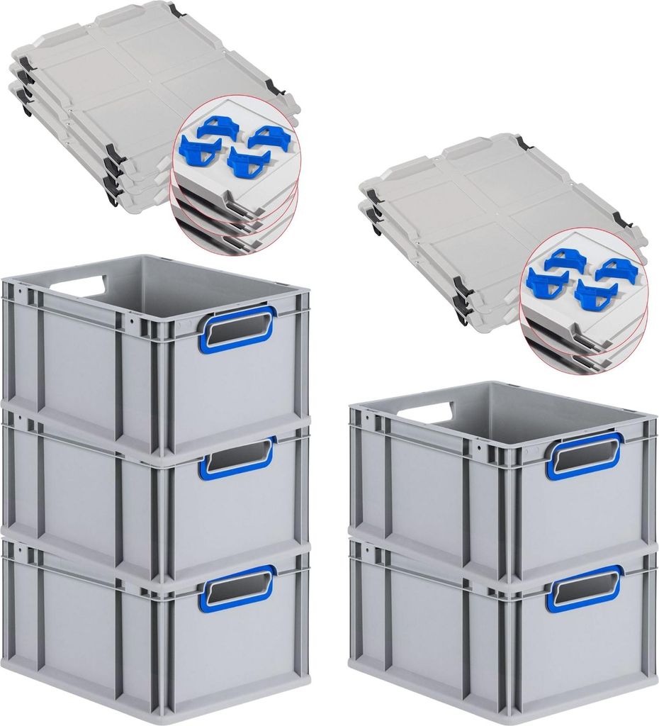 SparSet 5x Eurobox NextGen Color mit Auflagedeckel und Schiebeschnappverschlüsse | HxBxT 22x30x40cm | 20 Liter | Griffe blau offen | Glatter Boden...