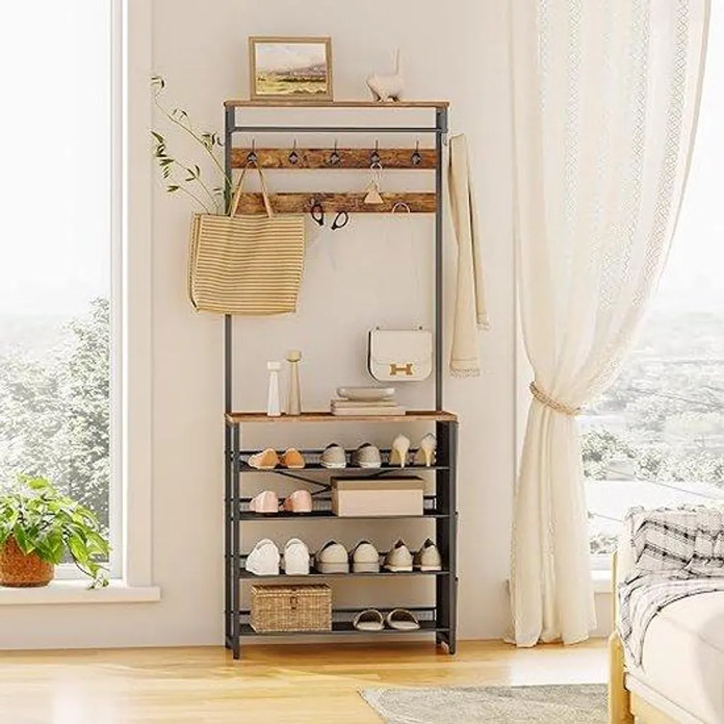 Porte-vêtements sur pied robuste 75x30x185 cm avec étagères de rangement