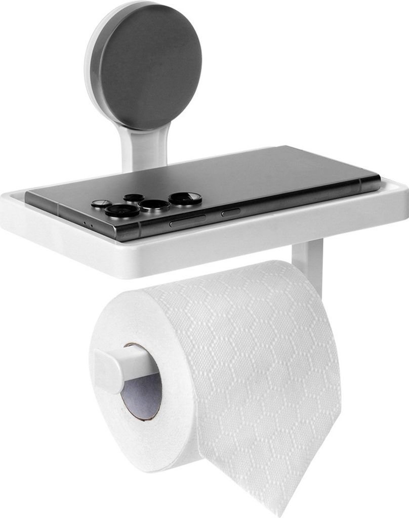 Toilettenpapierhalter - 18 cm - Ohne Bohren - Kunststoff - Klopapierhalter mit Ablage Weiß