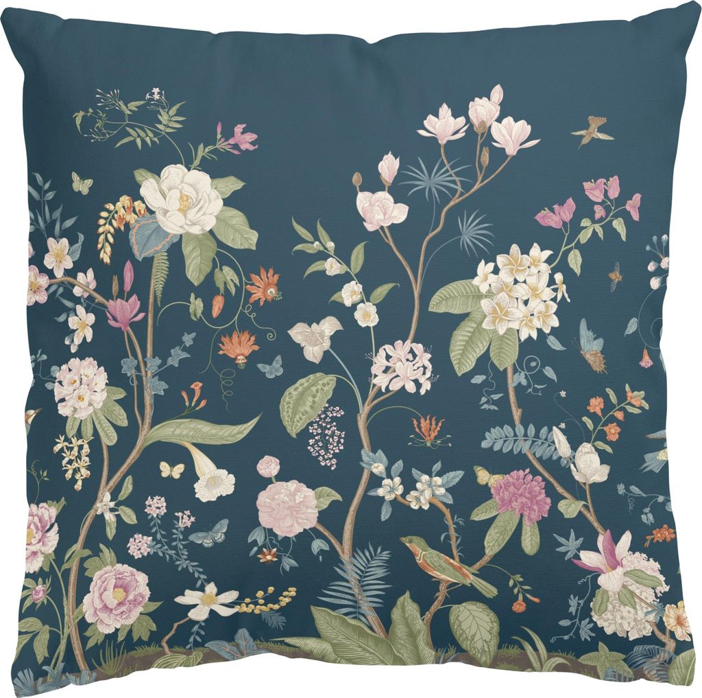 Dekokissen Blumen draußen / Outdoor Zierkissen waschbar Schmetterling blau Illustration Sofakissen ohne Füllung