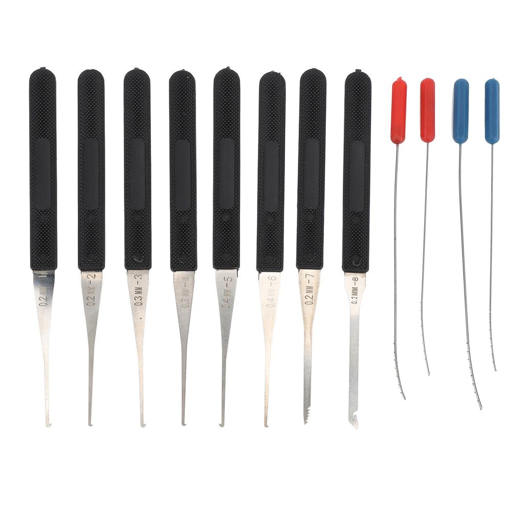 A set of lock picking tools arranged in a row against a white background.