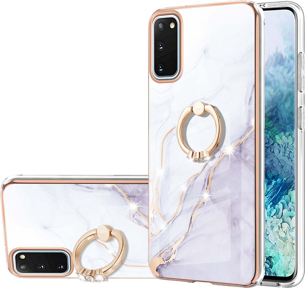 Galaxy S20 Marmor Handyhülle mit 360 Grad Ring Ständer Ultra Dünn Soft TPU Bumper Anti-kratzt Schutzhülle für Samsung Galaxy S20 Weiß