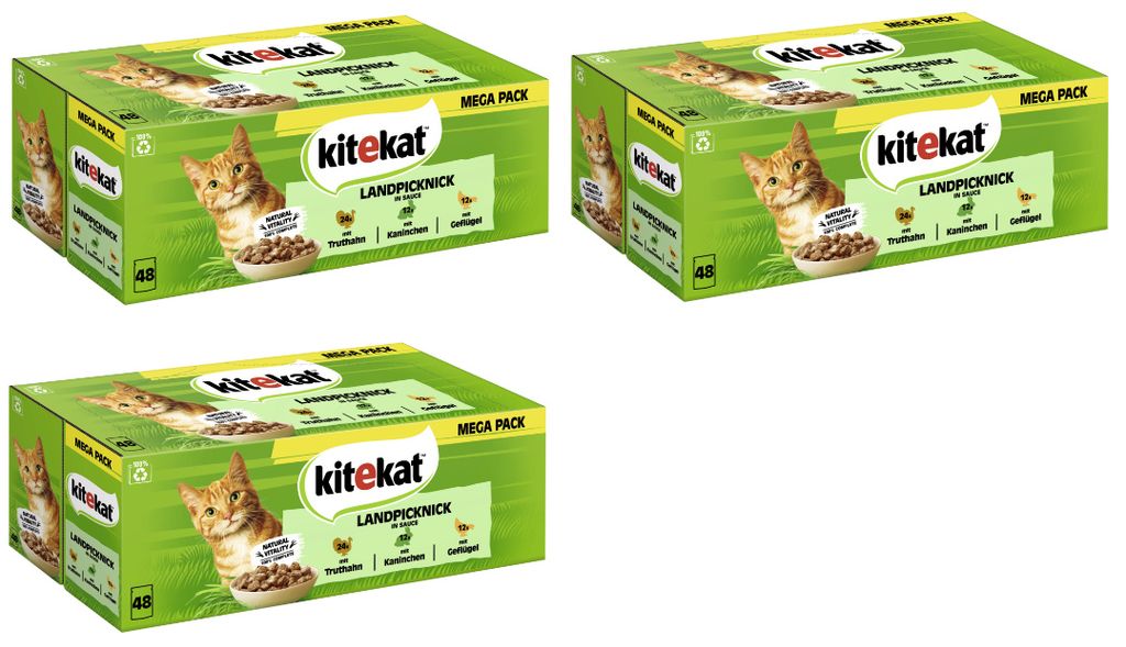 KITEKAT Multipack Portionsbeutel Landpicknick 3 Varietäten Truthahn, Kaninchen, Geflügel in Sauce 3 x 48 x 85g