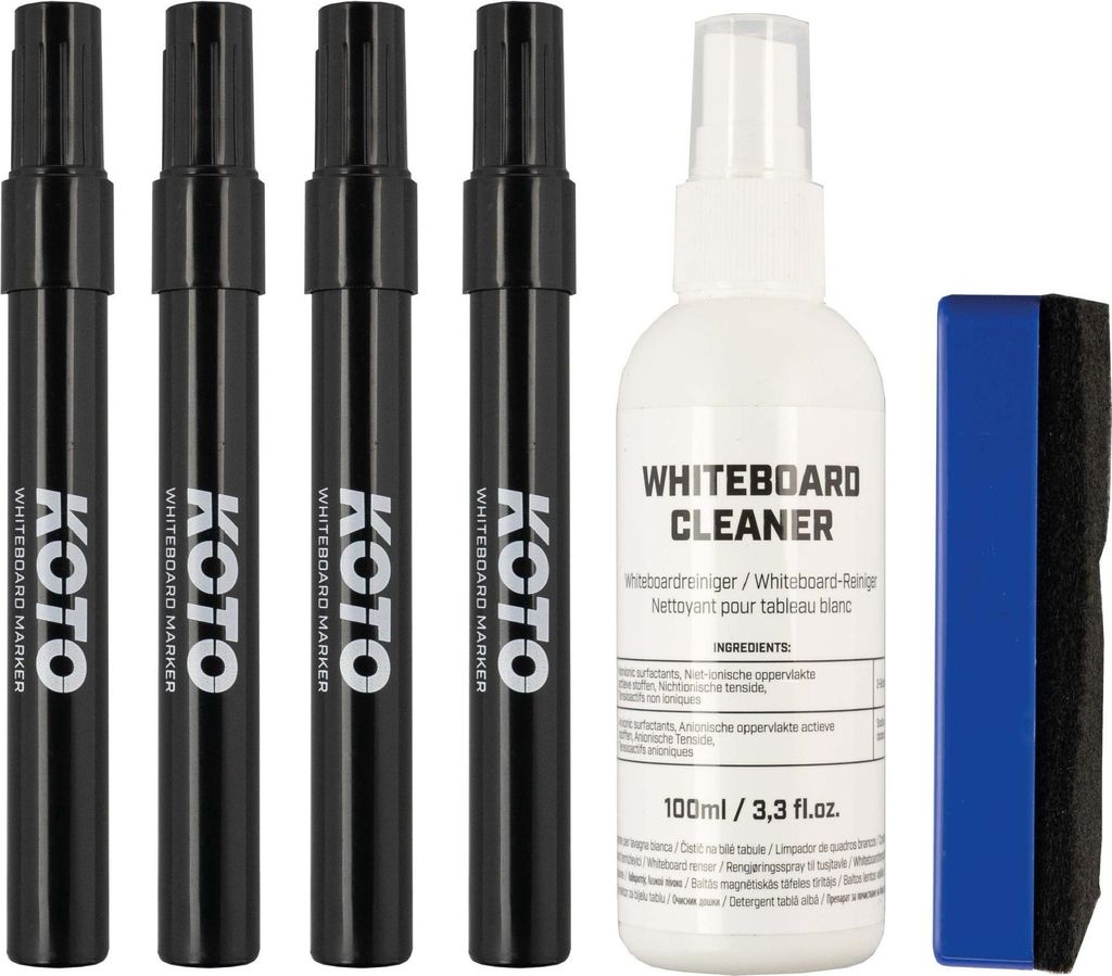 KOTO - Whiteboard Marker Set Schwarz, inkl. Whiteboard Marker Schwarz (4), Whiteboard Radierer & Whiteboard Reiniger Spray
