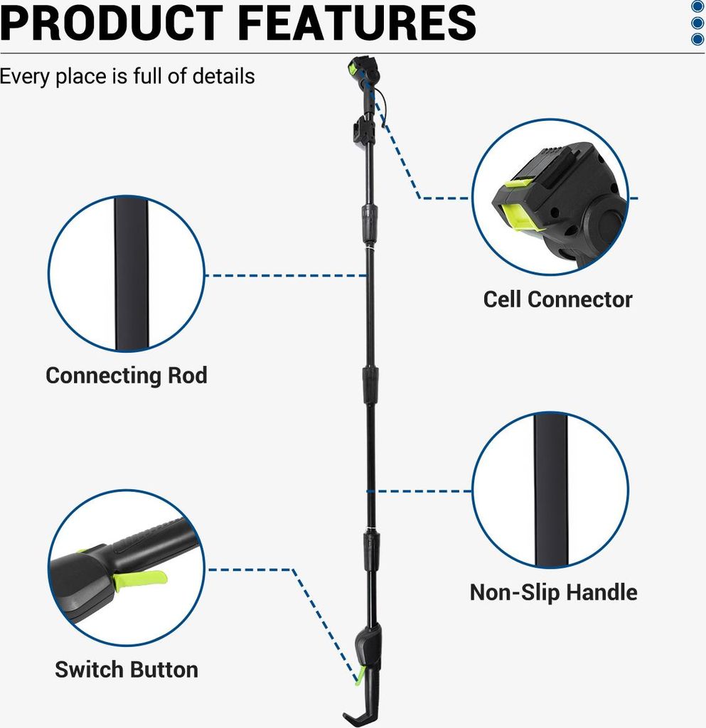 Product features diagram with callouts and labels.