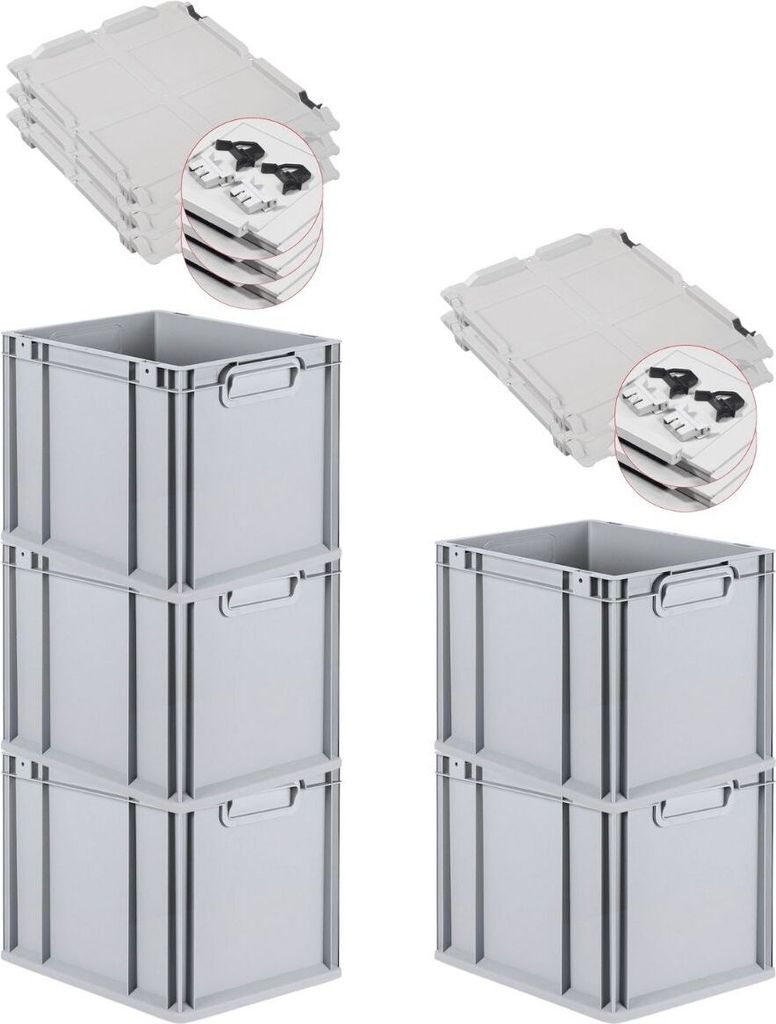 SuperSparSet 5x Eurobox NextGen Economy mit Scharnierdeckel und schwarzen Schiebeschnappverschlüssen | Griffe geschlossen | HxBxT 32x30x40cm | 30 ...