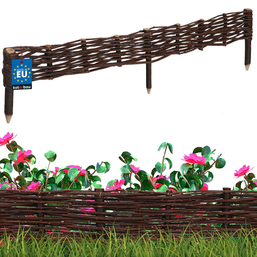 KOTARBAU Beeteinfassung 100x10cm Weidezaun Beetumrandung aus Weide Beet Zaun Mini Steckzaun Abgrenzung für Blumen- & Kräuterbeet Weide Braun
