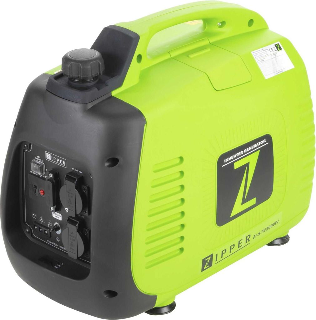 A green and black inverter generator is shown from a three-quarter angle against a white background.