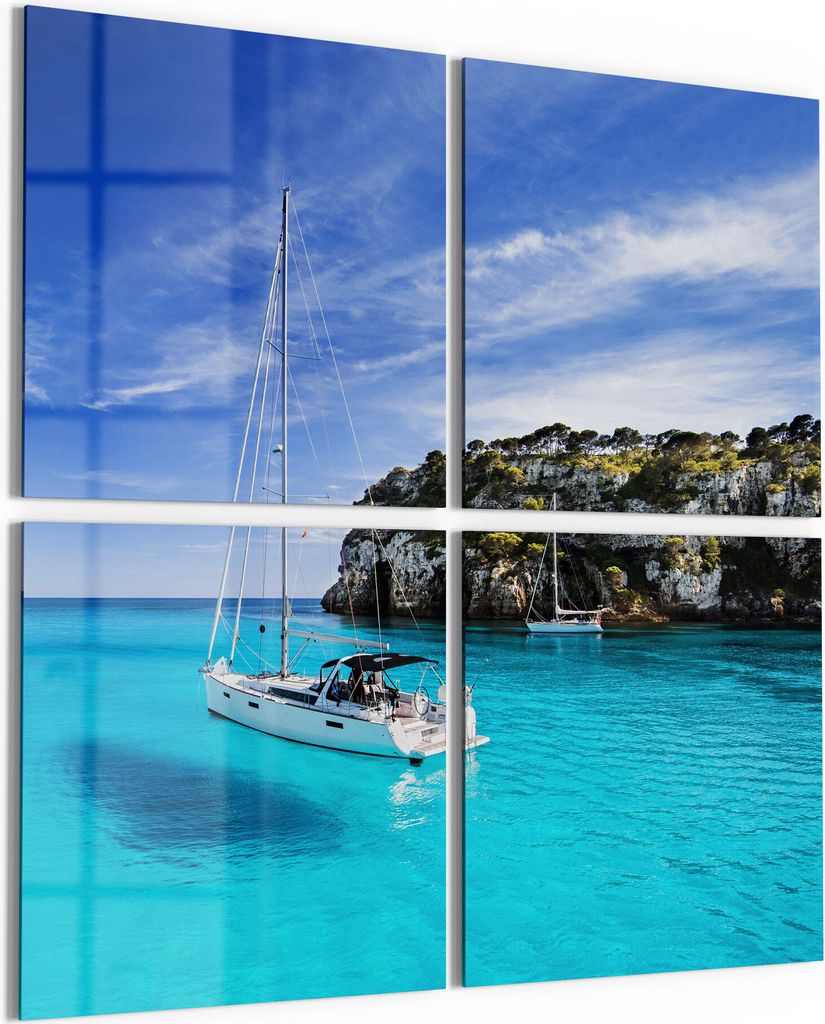 DEQORI Glasbilder Acryl 4x50x50 cm 'Segelboote in einer Bucht' Wandbilder XXL groß