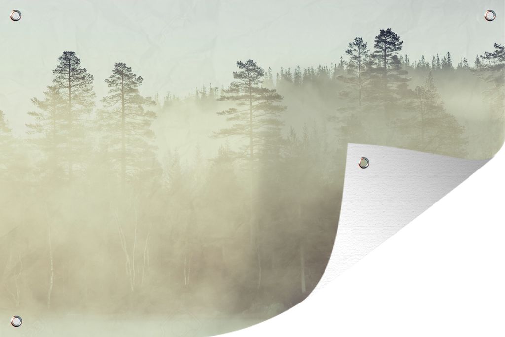 MuchoWow 120x80 cm Outdoor-Poster Gartendeko Sichtschutz Garten Poster für den Garten Morgennebel bedeckt den Wald von Drammen in Norwegen