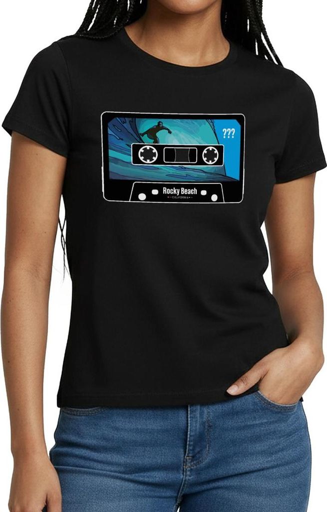 Spreadshirt Die drei Fragezeichen Rocky Beach Kassette Surfen Frauen T-Shirt, L, Schwarz