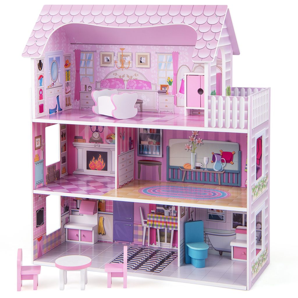 COSTWAY Puppenhaus aus Holz, Puppenstube mit Möbeln und Produktbild