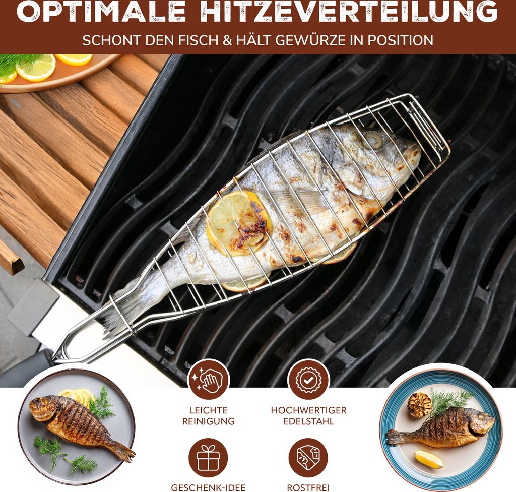2x Edelstahl BBQ Fischbräter 42 X 9 Cm Fischgriller Fischzange Fischhalter Fischwender | 2er_Fischgrill (HO-T2 - Foto 8