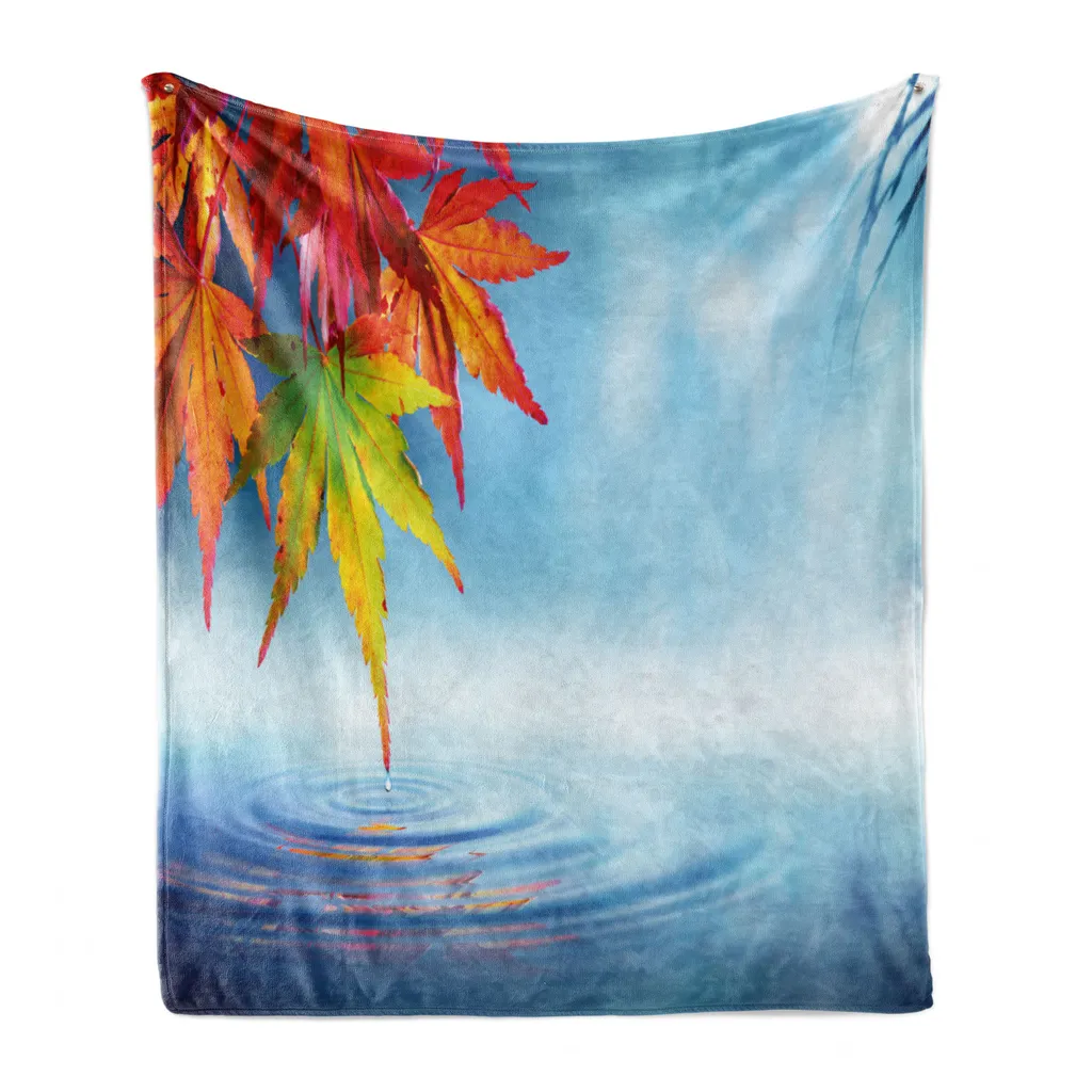 ABAKUHAUS Coperta in morbido pile di flanella con motivo foglie autunnali, gocce d'acqua sul lago, morbida e confortevole per interni ed esterni, 125 x 175 cm, multicolore