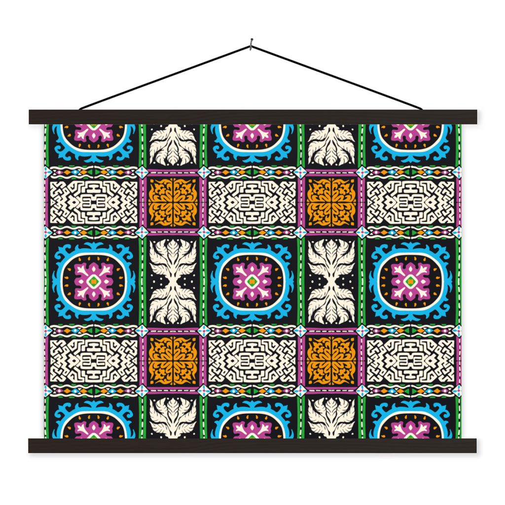 MuchoWow Textilposter Muster - Ornament - Abstrakt - Blau - Rosa 150x113 cm mit holzfarbenen Rahmen - Poster