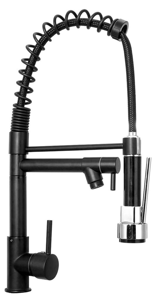 Küchenarmatur, Schwarze Frühling mit seitlichem Sprühkopf, Dual Ausguss Mischbatterie für Waschbecken, 360° drehbare Küchenarmatur