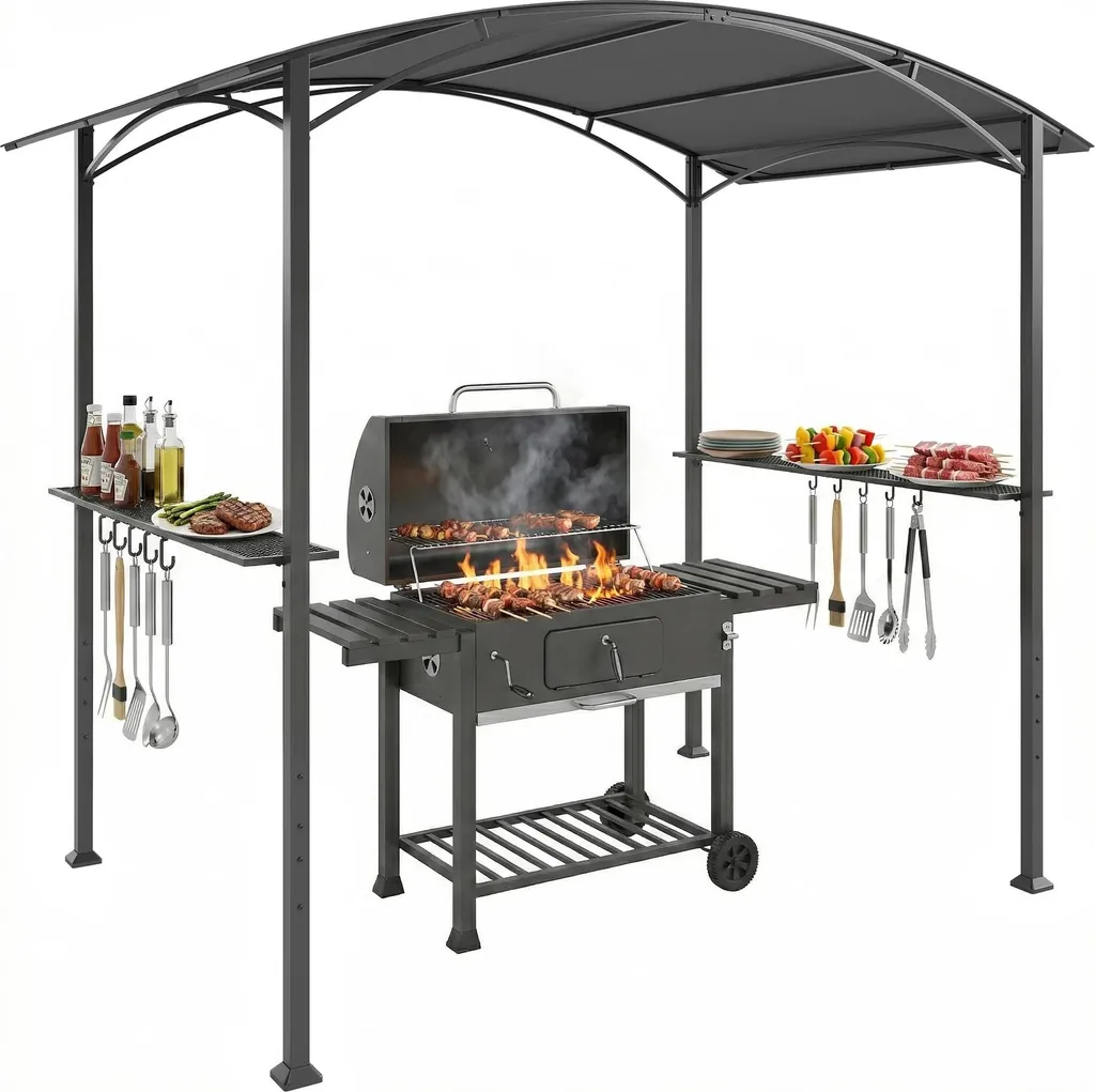 Abri Barbecue Anti-UV et Pluie - Pavillon Acier avec Rangement Gris