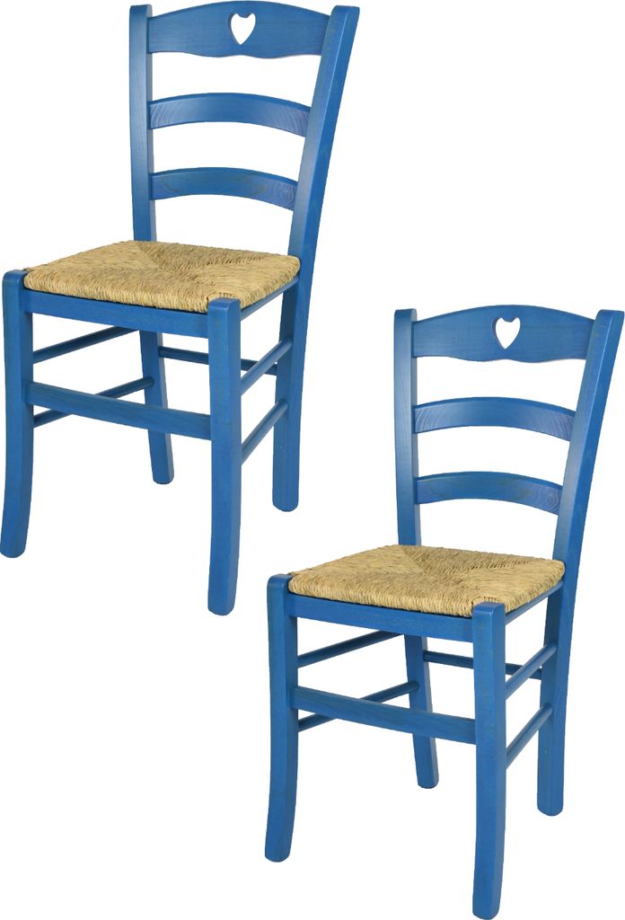 Two blue wooden chairs with woven seats.