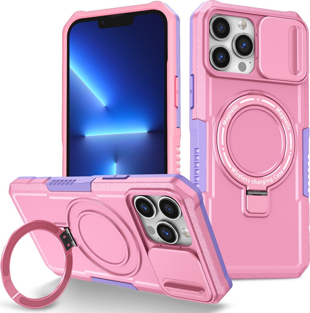 Handyhülle für iPhone 13 Pro Max Kompatibel mit MagSafe, Robuste Hülle mit Schiebe Kamera Schutz, Magnetischer Ringständer Pink