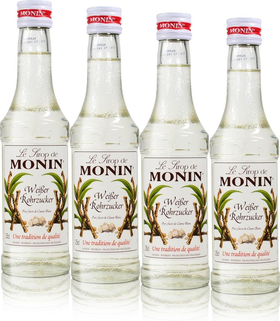 4x Monin Weißer Rohrzucker Sirup, 250 ml Flasche - für Cocktails, zum Kaffee od