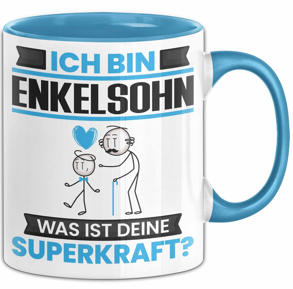 Enkelsohn Tasse Geschenk für Enkelsohn Geburtstag Lustiger Spruch Kaffee-Becher Was Ist Deine Superkraft (Blau)
