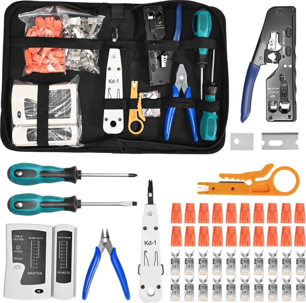 Netzwerk Werkzeugset - RJ45 Crimpzange - 20x RJ45 Stecker Cat7/Cat6a Pass-Through - Netzwerktester - LSA Auflegewerkzeug/Punch-Down - Abisolierer -...