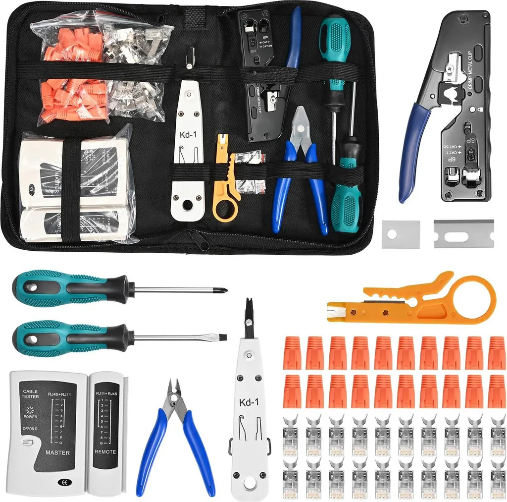 Kit outils réseau avec pince à sertir RJ45 et 20 connecteurs Cat7 bleu