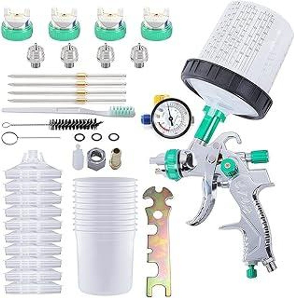 HVLP Lackierpistole Spritzpistole Kit mit 4 Düsen 1.4mm, 1.7mm, 2.0mm, 2.5mm Lackierpistole Druckluft Farbspritzpistole mit 10 Stück 600ml Einweg...