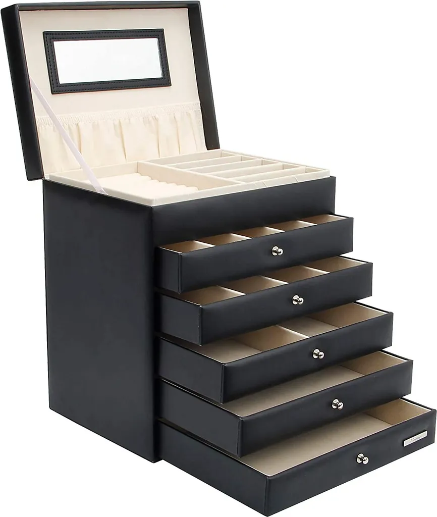 Coffret Bijoux Anti-Nœuds avec 5 Tiroirs et Miroir Intégré Noir Yorbay