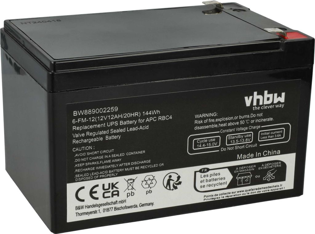 vhbw Akku kompatibel mit APC SUVS650I, SC620, SUVS650, SU620NET, Smart-UPS, SU620INET, SC620I USV (12 Ah, 12 V, AGM)
