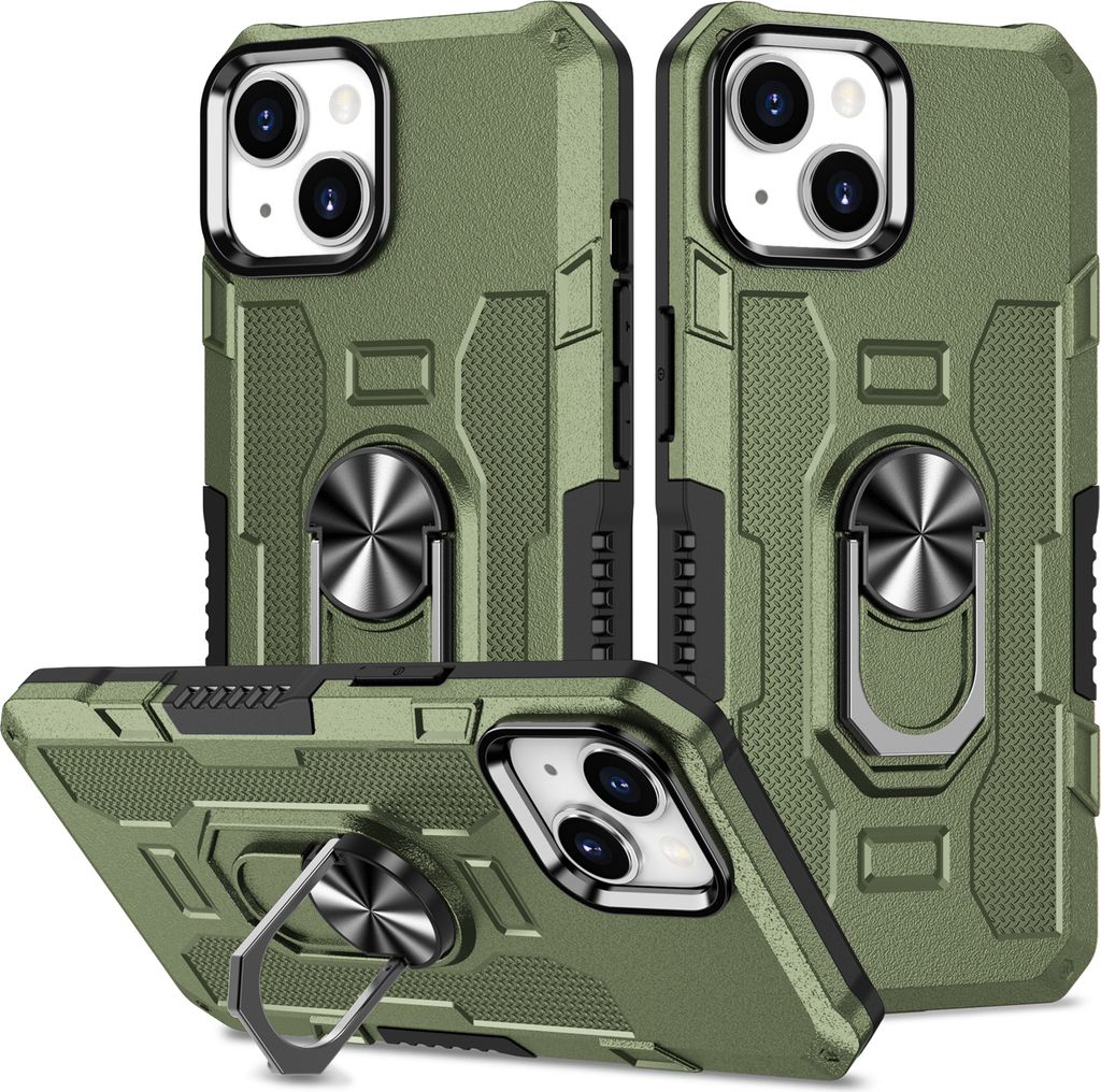iPhone 14 Hülle, Dual Layer Robuste Rüstung Ringhalter Ständer Schutzhülle für iPhone 14 Grün