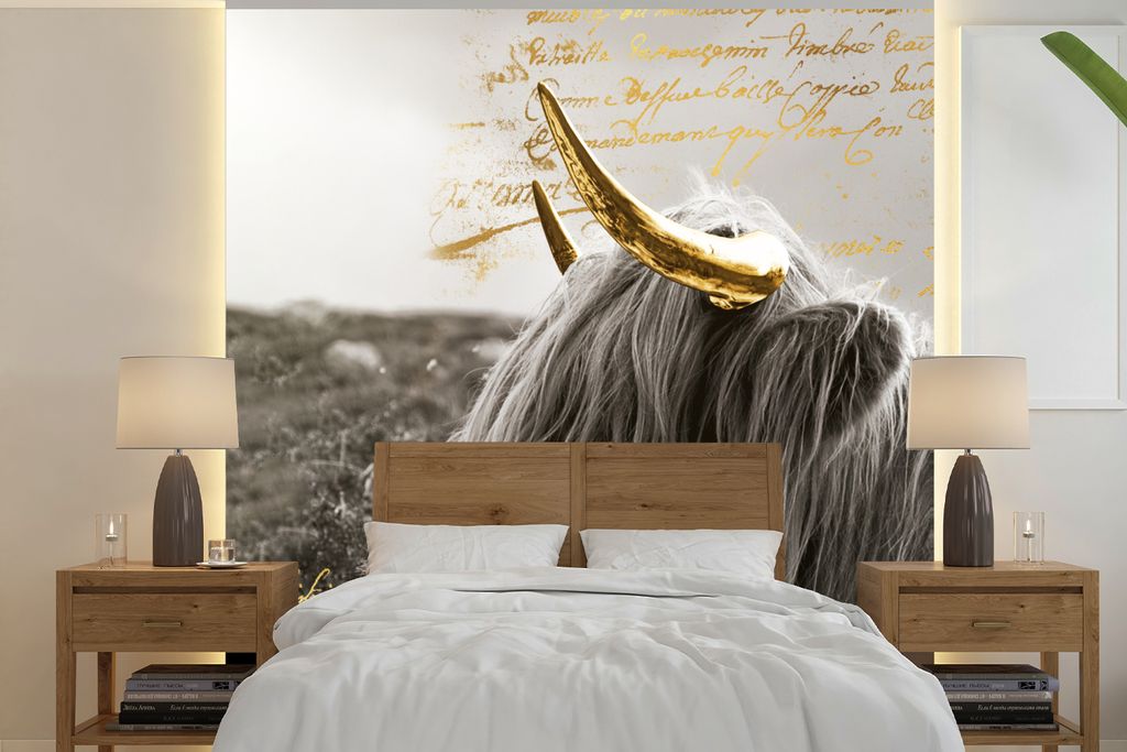 MuchoWow Fototapete für Wohnzimmer oder Schlafzimmer Wandtapete Vinyl Motivtapete Schottischer Highlander - Gold - Zitat - 220x220 cm - Tapeten