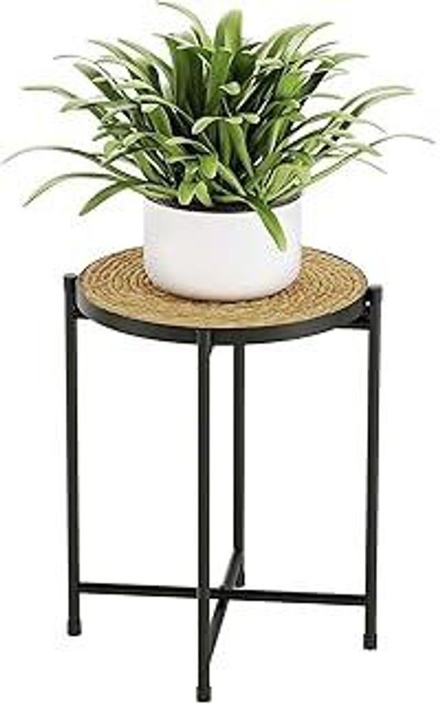 Bamworld Blumenständer Metall Pflanzenständer mit Geflochtenem Tablett, Moderner Blumen Tisch für Innen & Außen, Pflanzen Ablage Regal für Woh...
