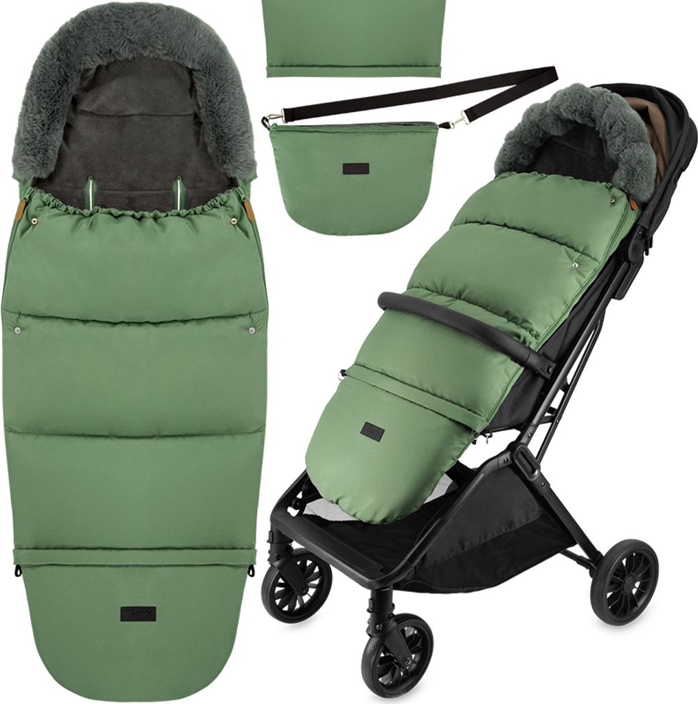 A collage of images showing a green stroller footmuff and a matching bag, with one image showing the footmuff attached to a stroller.