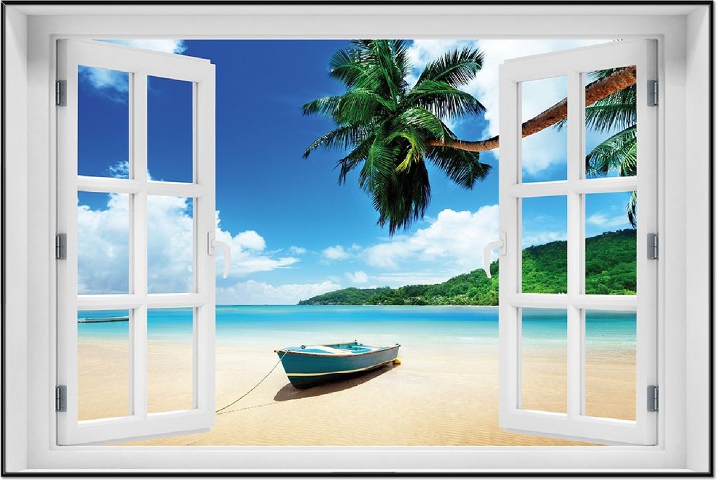 Wallario Wandbild mit Fenster-Illusion: Urlaub am Palmenstrand unter Palmen mit Fischerboot, Größe: 61 x 91,5 cm, Poster mit schwarzem Aluminiumr...