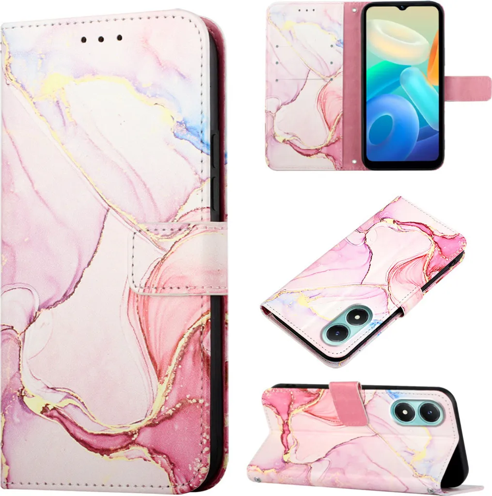 Custodia Portafoglio VIVO Y02S Rosa Bianco - Pelle Sintetica Marmo